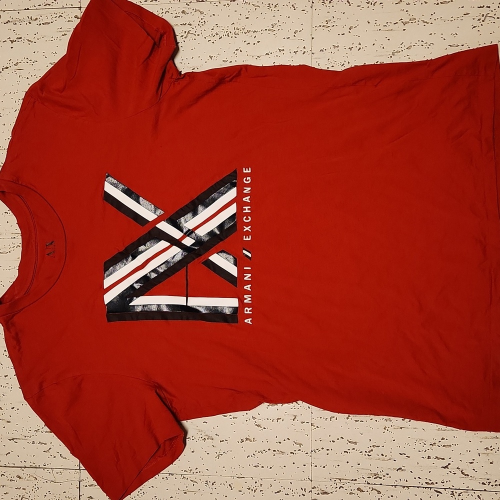 Armani Exchange Red Crewneck T-Shirt with Black & White Graphic Logo